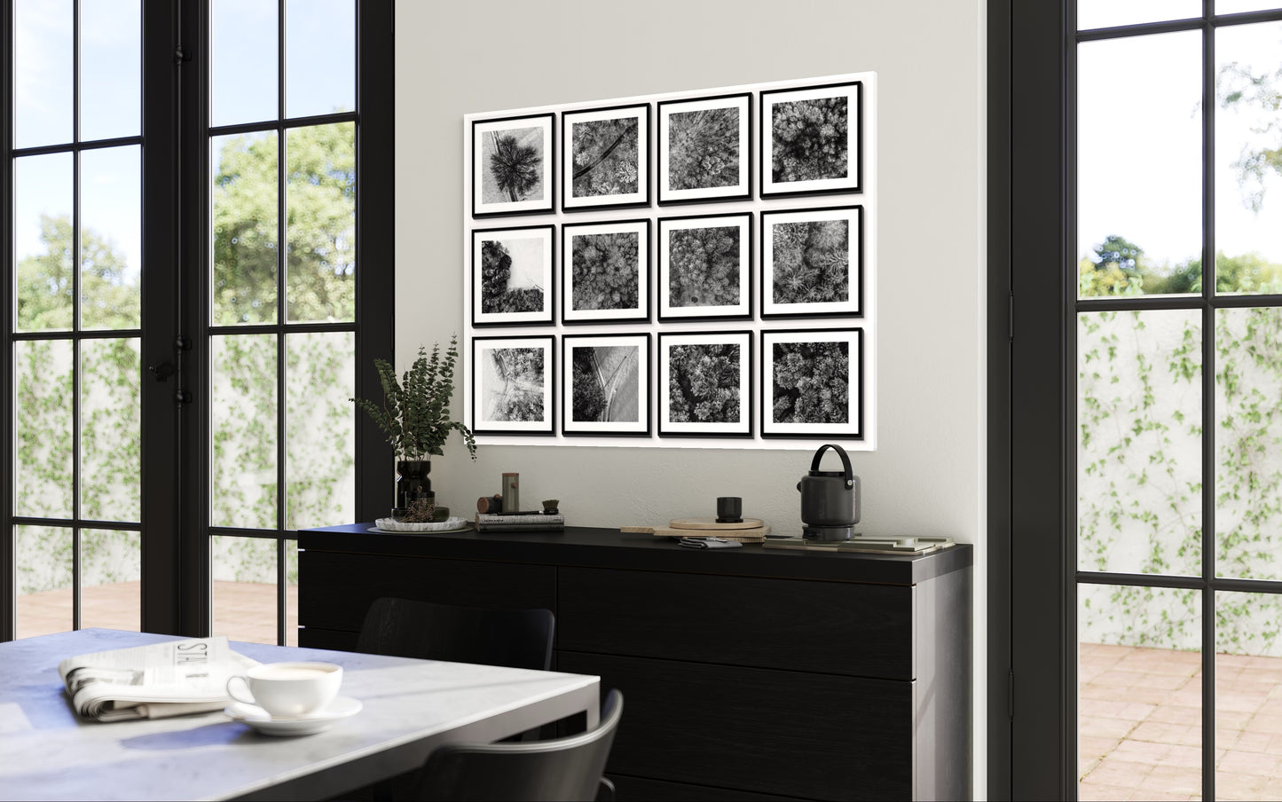Mosaic Wall Art: Tree Tops in Winter (Aerial photography, black/white)